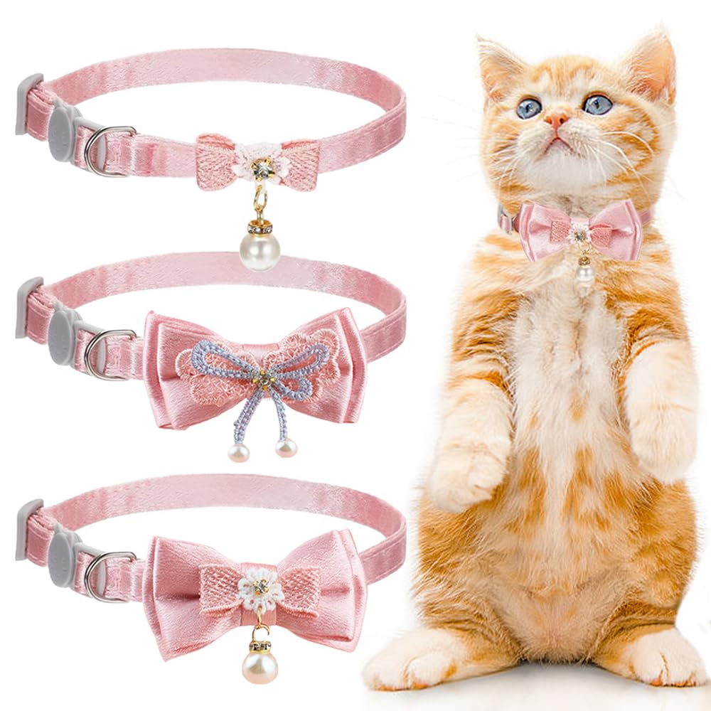 3 Pieces Pink Cat Collars, Cute Kitten Collars for Girl Cute Cat Collar with Bow Pearl Lace Bow Bead Necklace for Small Dogs (3 Style)