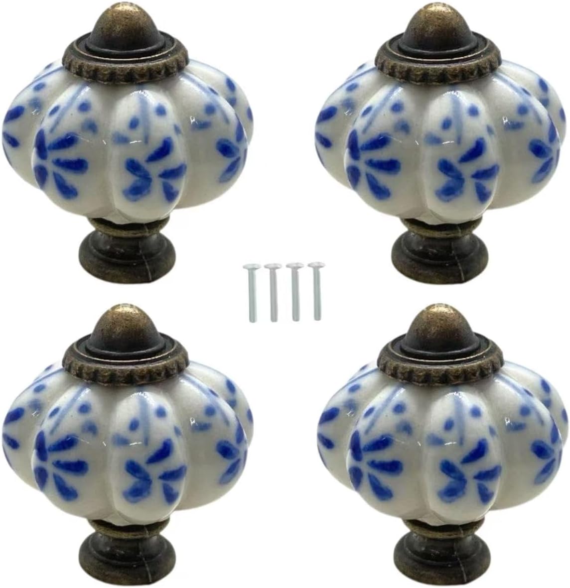 Knobs Ceramic Pumpkin Knobs Cabinet Drawer Handles PullsRetro Round Shape Ceramic + Alloy Blue Leaf 4 PCS