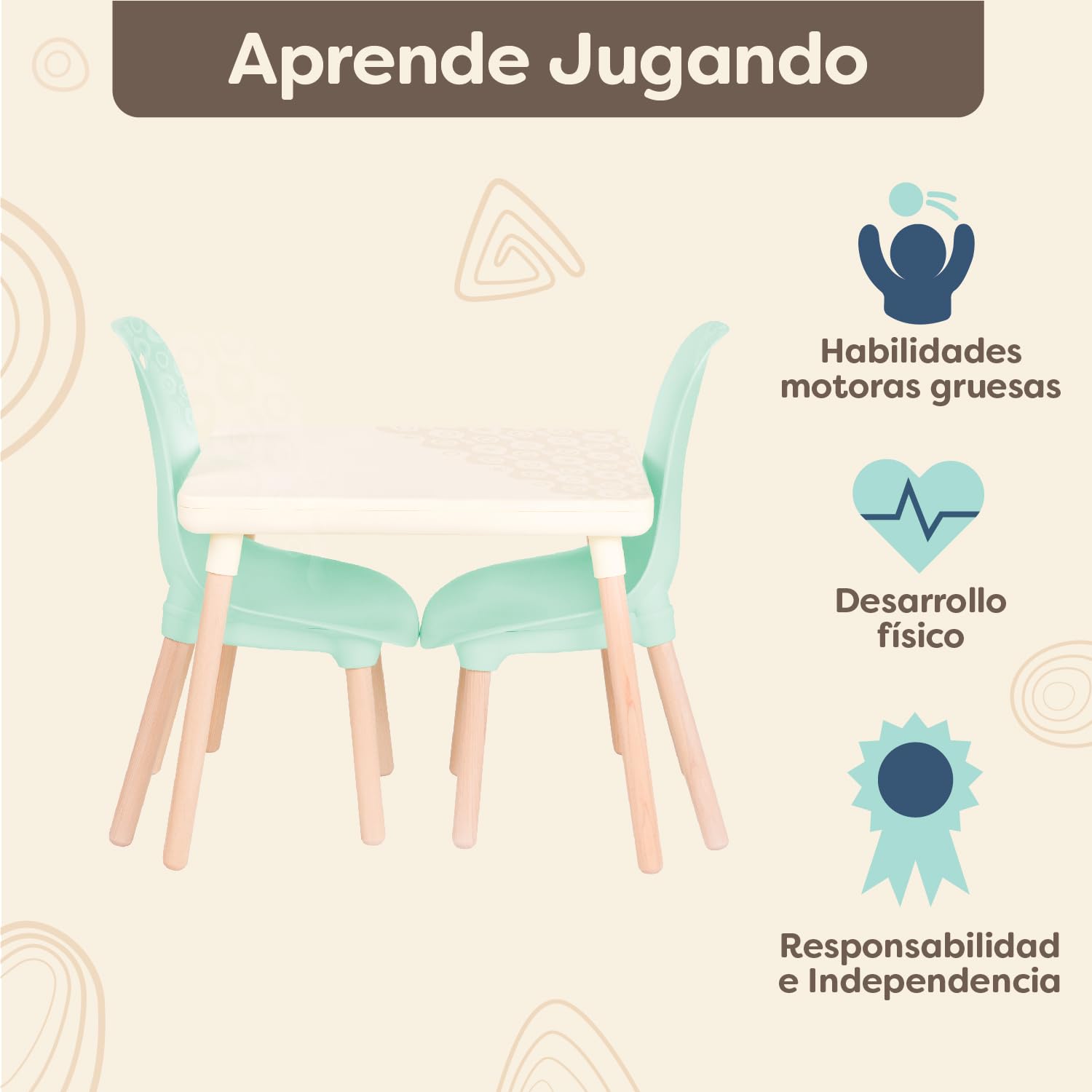 B. toys - Kid Century Modern: Juego de Mesa y Silla - Menta - Juego de mesa y silla para niños - Patas de madera - Muebles para niños - 3 años + | 1 mesa y 2 tumbonas para enfants, pieds en bois naturel, couleur menthe, montaje sin outils, lote de 15, 3 a