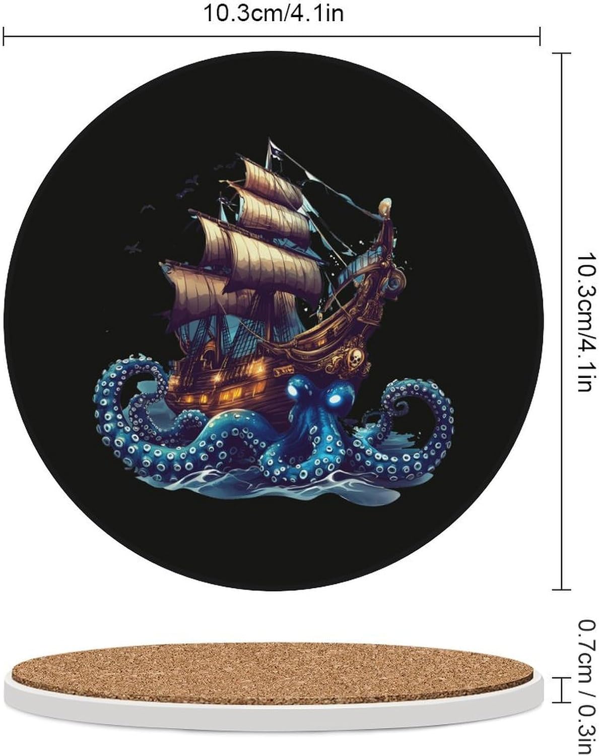 Octopus Pirateships Sailing Coasters for Drink Round Ceramic Coaster with Cork Base Home Decorative 6PCS