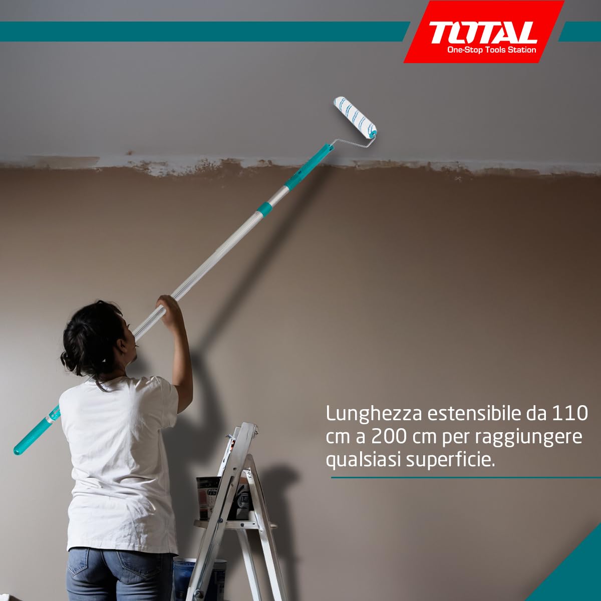 TOTAL - Manico Telescopico in Alluminio - Prolunga per Rullo da Pittura - Lunghezza Regolabile da 110 a 200 cm - 2 Sezioni con Filettatura - Resistente ed Ergonomico - Colore Blu - Rullo Non Incluso