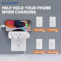 Vista 3 de ELEGRP Extensor de triple salida, pestaña de pared con conexión a tierra de 3 puntas, enchufe adaptador de enchufe múltiple con 3 tomas de corriente