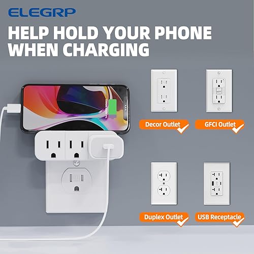 Miniatura 3 de ELEGRP Extensor de triple salida, pestaña de pared con conexión a tierra de 3 puntas, enchufe adaptador de enchufe múltiple con 3 tomas de corriente