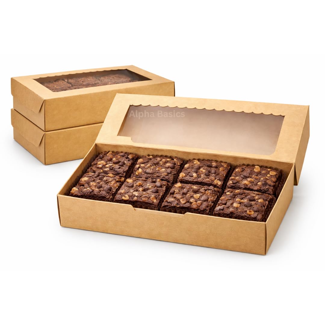 Alpha Basics Pack of 25 (9x6x2inch) Kraft Rectangular Large Brownie Boxes with Window Donut, Cake, Pastry, cookie boxes-image-19