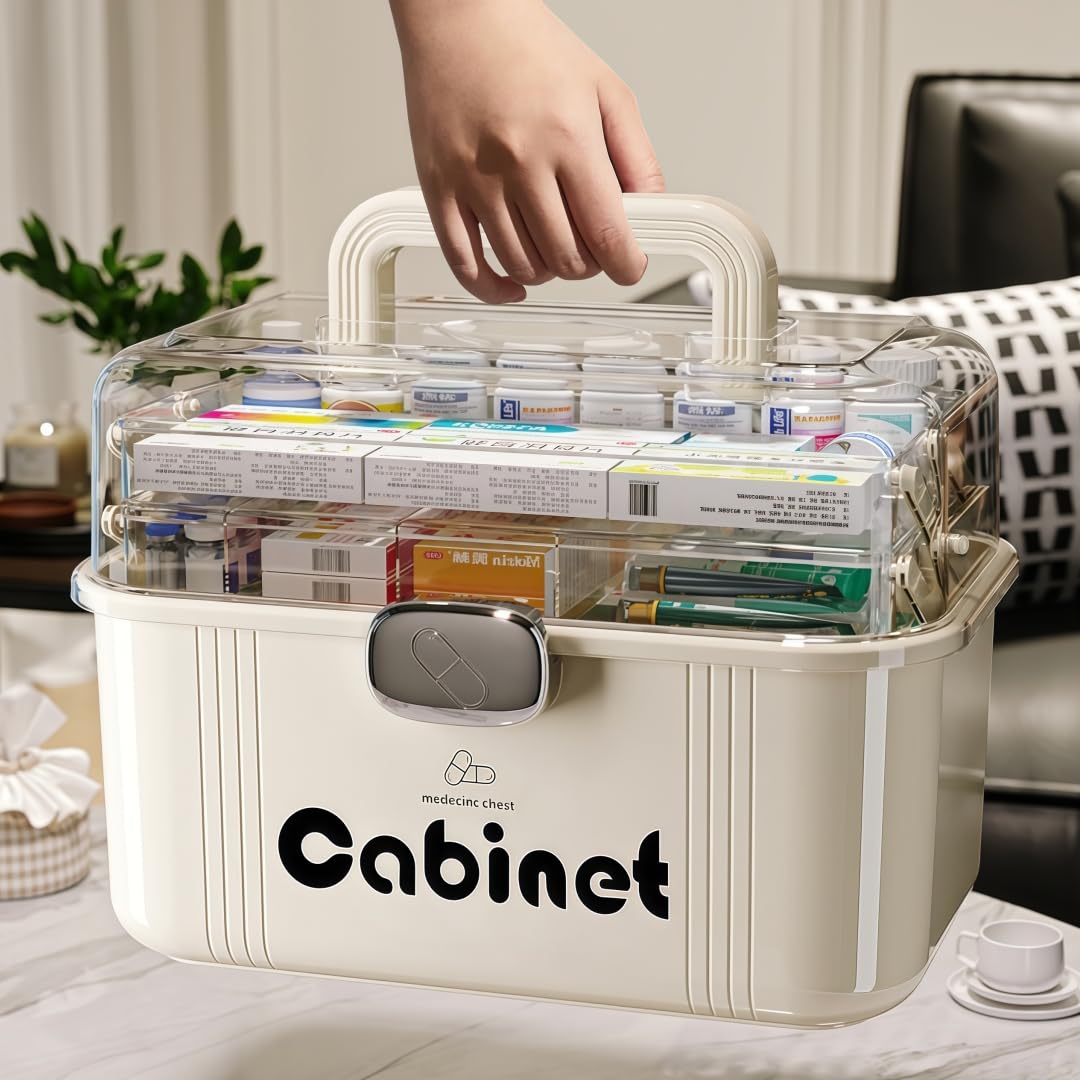 Caja Medicamentos & Medicine Organizer – Caja Almacenaje Plástico 3 Niveles con Asa, Gran Capacidad para Hogar, Viajes, Uso Diario (31.5 x 22.5 x 21.5 cm)