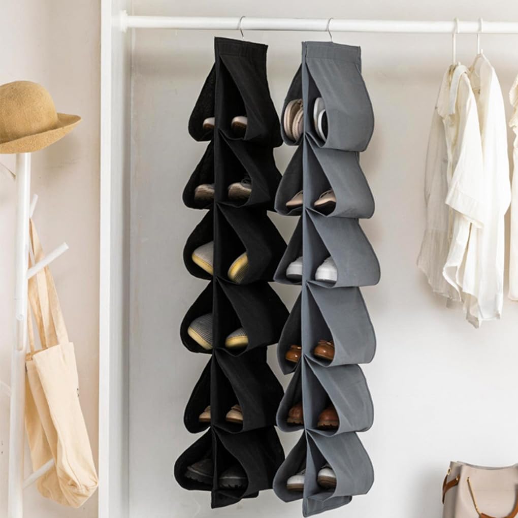 Juego de 5 zapateros para puerta con 12 bolsillos para zapatos deportivos, bolsa de almacenamiento transpirable, organizador de armario, color negro