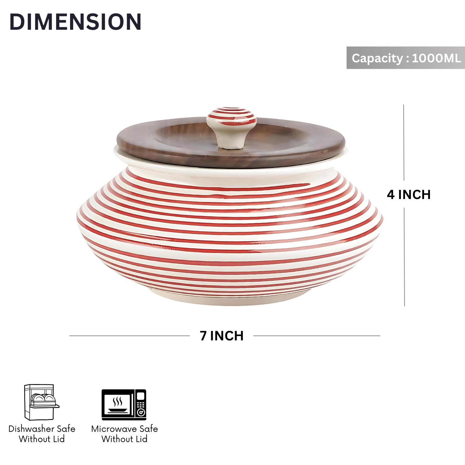 VarEesha Hand Painted Parikrama Red Spiral Large Ceramic Handi Bowl with Wooden Lid| Stoneware Handi for Serving Biryani, Dal| Dahi Handi| Microwave and Dishwasher Safe Serving Bowl with Lid|1000 ML 1