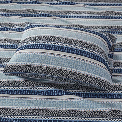 Image of Sleep Philosophy True North Cozy Flannel Warm 100% Cotton Sheet - Novelty Print Animals Stars Cute Ultra Soft Cold Weather Bedding Set, King, Blue Fair Isle 4 Piece