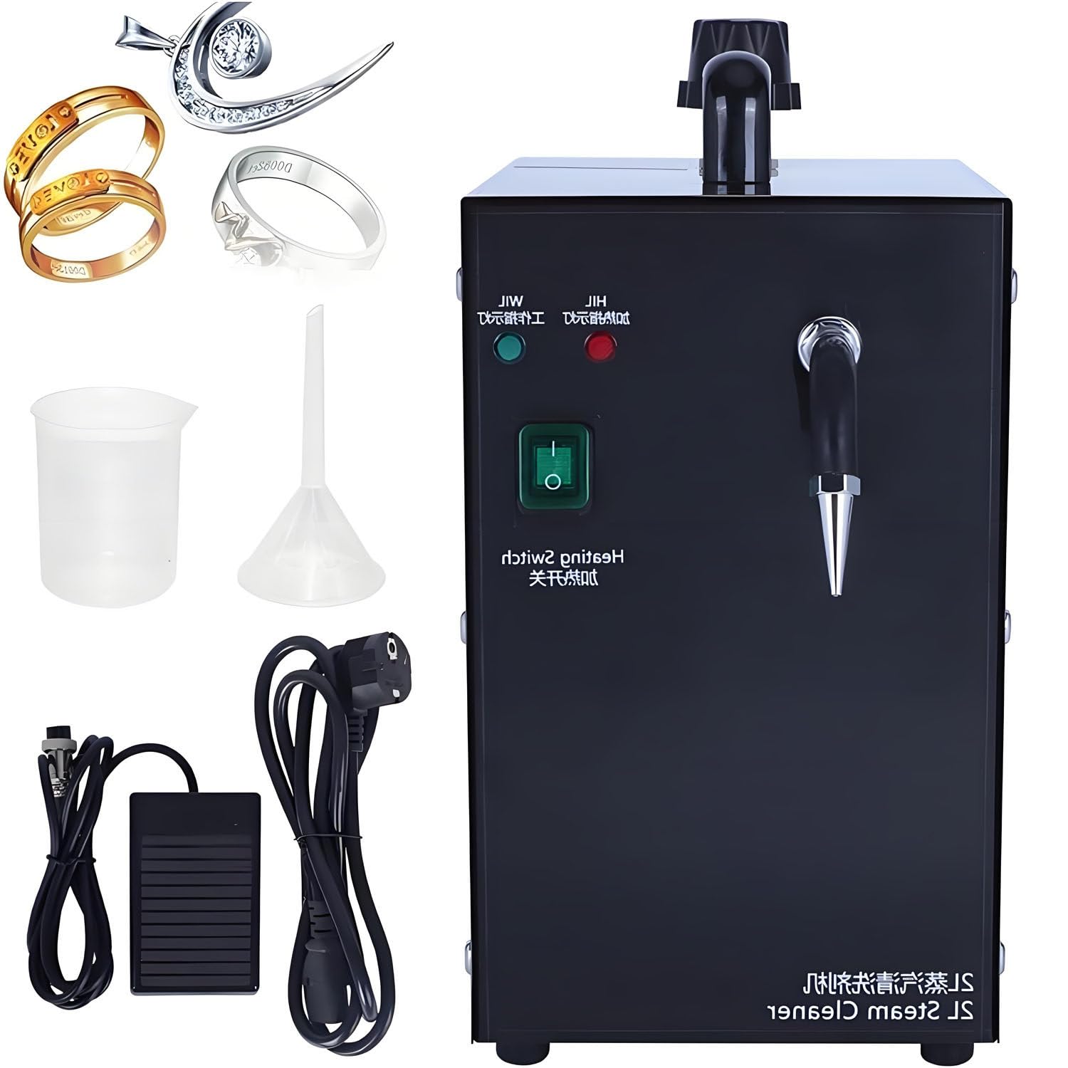 Limpiador Vapor Joyas 2L, Profesional Alta presión Black | 1300W, acero inox. Limpia plata, oro, diamantes & componentes. 8 min calentamiento. Para joyerías & talleres.