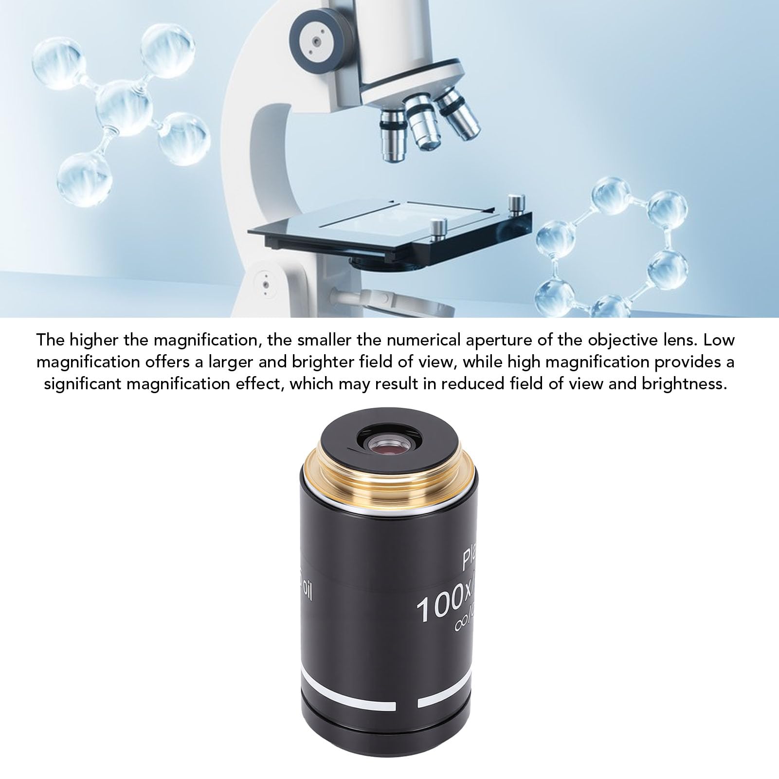 Ejoyous Lente Objetivo de Microscopio Plan, Aleación de Aluminio, Vidrio óptico, Hilo RMS de 20,2 Mm, Imágenes Claras, Aumento Múltiple para Microscopios Biológicos, Laboratorios,