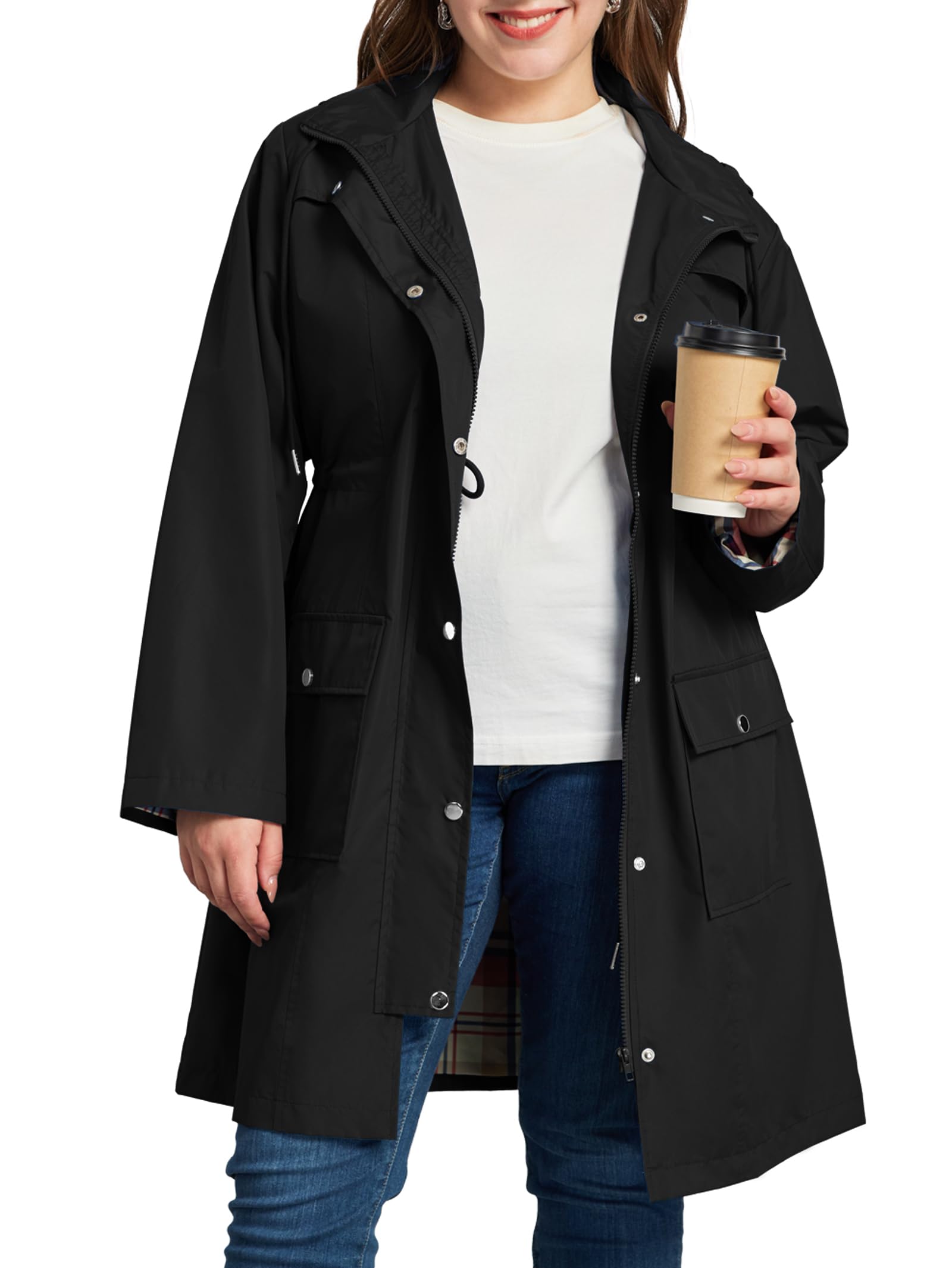 Kikibell Plus Size Rain Jackets for Women Raincoats Waterproof Windbreaker Jacket Hooded Outdoors Trench Coat with Pockets