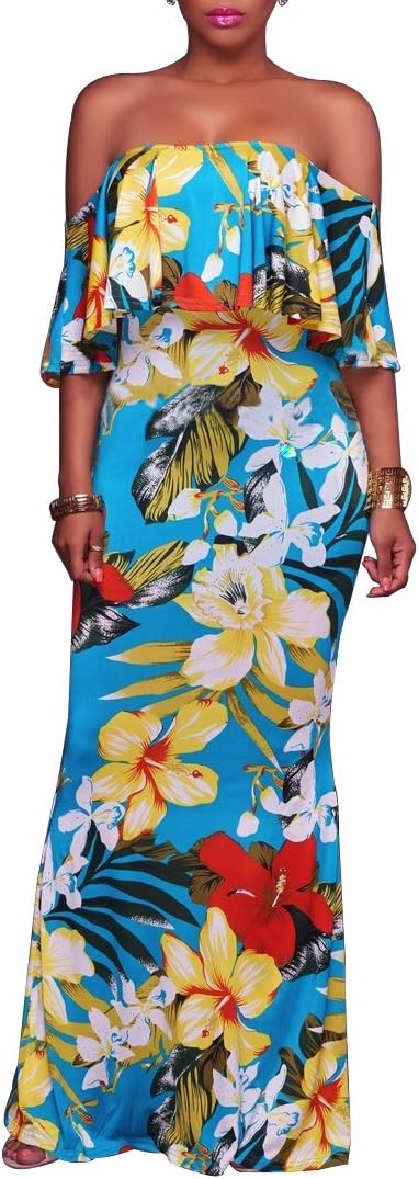 Synker Women's Floral Print Off Shoulder Ruffle Party Long Maxi Dress Blue