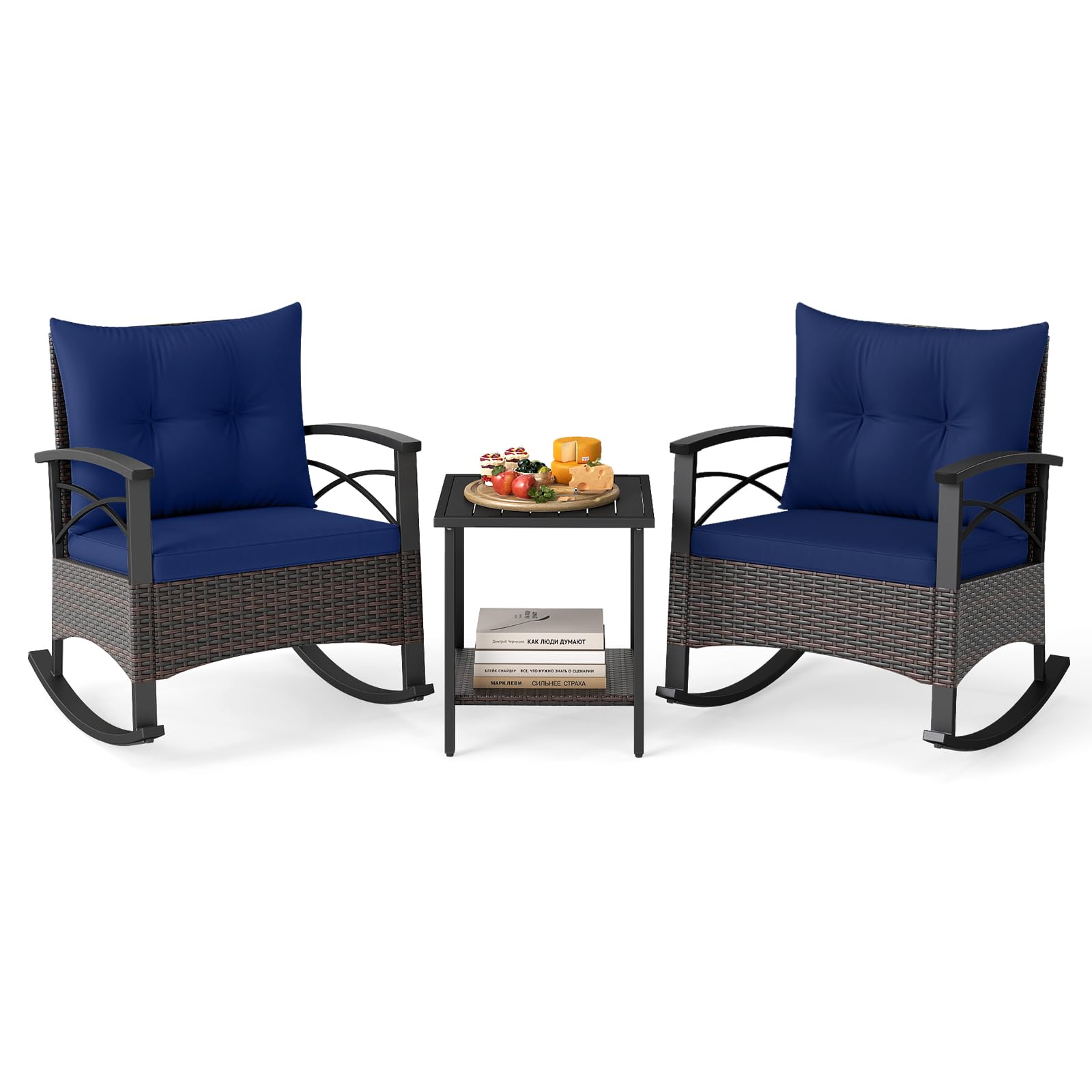 Tangkula 3 Pieces Wicker Outdoor Rocking Chairs Set