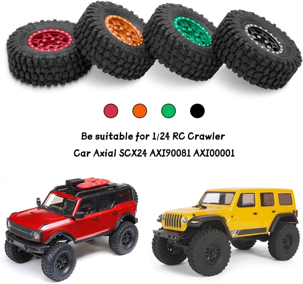 OGRC 4Pcs 1.0 Wheel Rims 1.0 Beadlock Wheels Rims 1.0 Tires Soft Rubber Crawler Wheel Tires for Axial SCX24 Gladiator Bronco C10 JLU Deadbolt RC Crawler Upgrades Parts (Black)