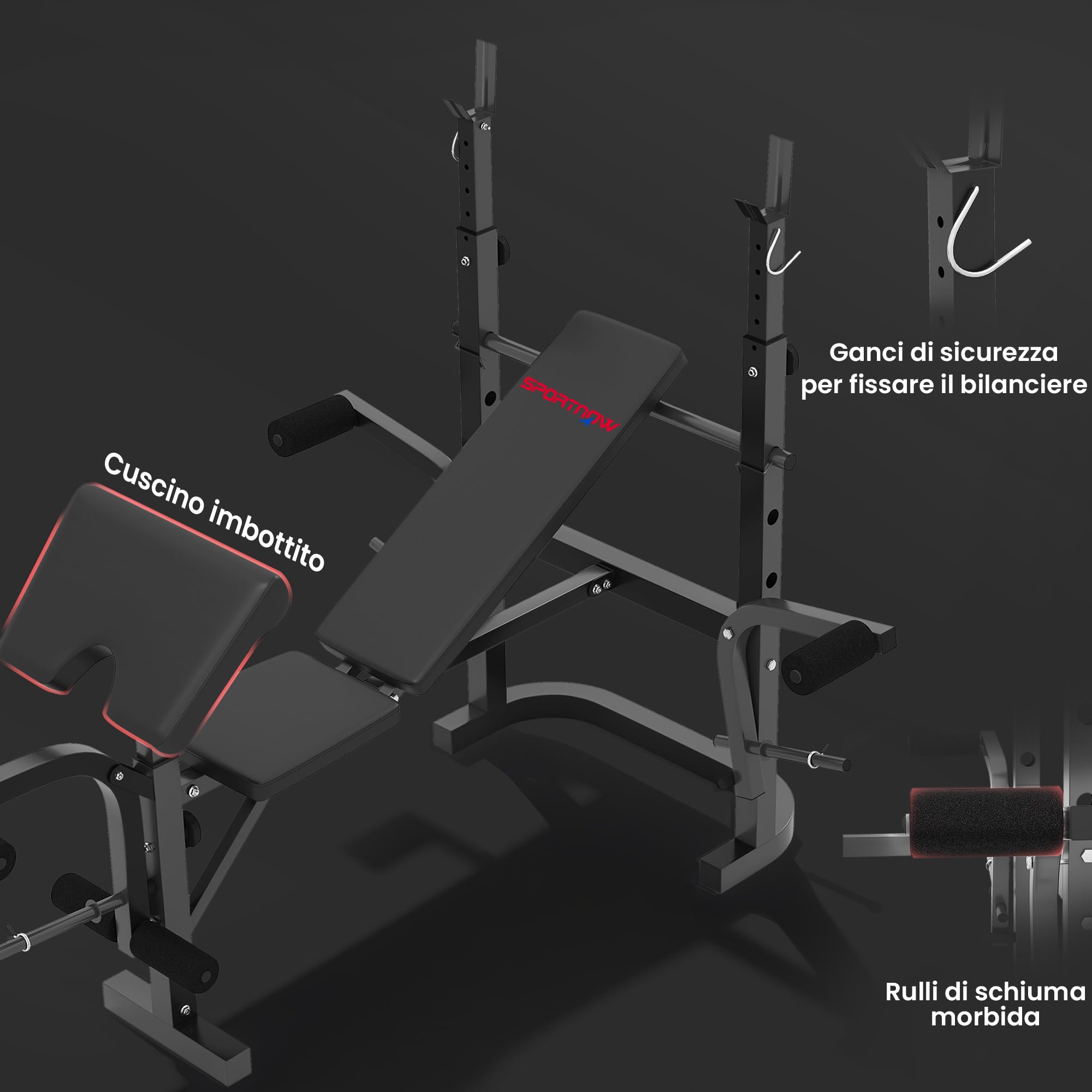 SPORTNOW Panca Palestra Multifunzione Regolabile con Rack Bilanciere, Panca Preacher Curl, Panca Pesi Inclinabile Piana con Leg Extension, Barra Lat Pull Down, Allenamento Palestra Casa, Nero