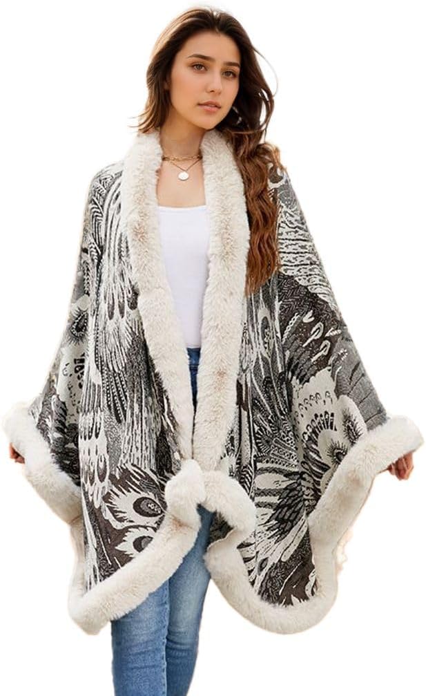 Peacock Pattern Faux Fur Shawl for Women Fur Trim Cardigan Cloak Coat Fur Collar Poncho Cape Wraps for Evening Dresses - Image 2