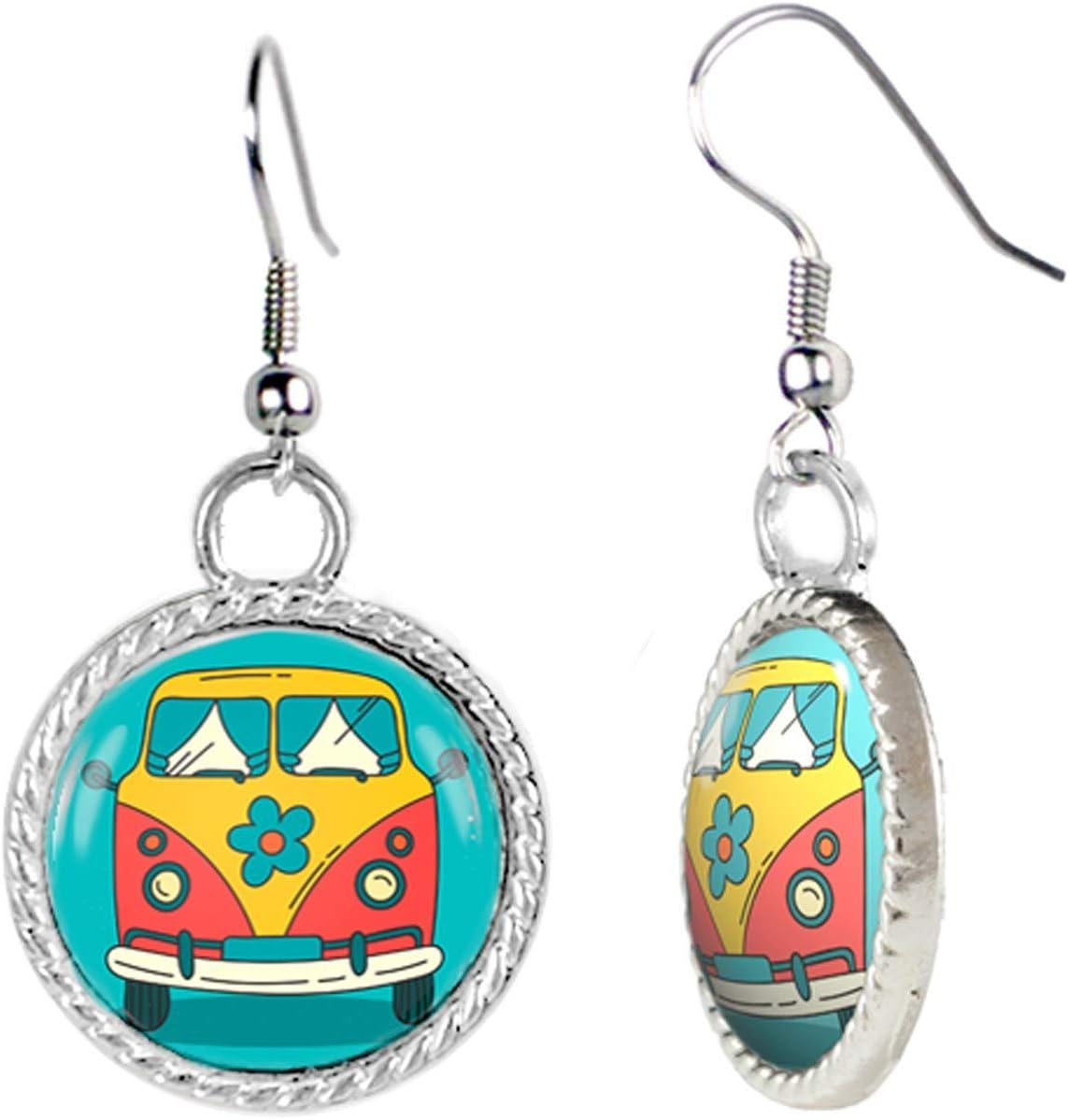 Arthwick Store Illustration of a Vintage Hippie Bus on Blue with Flower Earrings