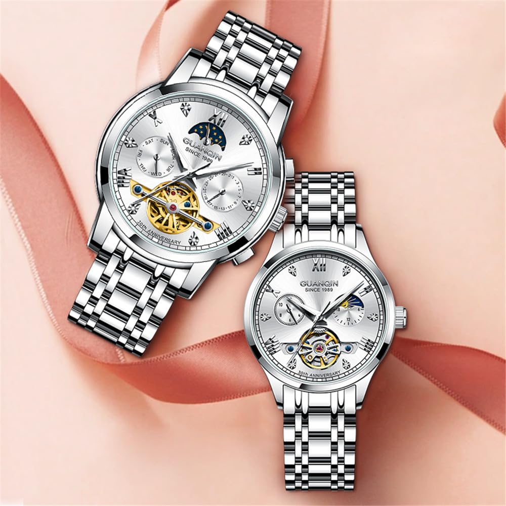Guanqin Herren Damen Paar Skelett Multifunktional Automatisch Selbstaufzug Mechanische Strass Uhr Saphir Business Doppelseitig Hohl Wasserdicht Mondphase Stahl Armbanduhr