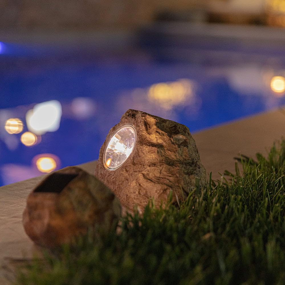 LUMI JARDIN Zestaw 3 solarnych skałek ogrodowych LED do postawienia na stałe białe światło ROCKY BROWN 14 i 9 cm