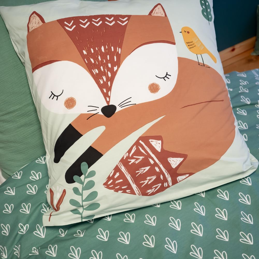 CÔTE DECO Parure da letto, 140 x 200 cm, per bambini, reversibile, copripiumino 140 x 200 cm, 1 federa 63 x 63 cm, motivo volpe verde, set copripiumino in 100% cotone