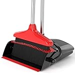 Broom with Dustpan Combo Set 54 Long Handle Adjustable Length Stainless Steel Broomstick Standing Dust Pan and Broom Set for Office Home Kitchen Lobby Floor Cleaning (Red and Black)