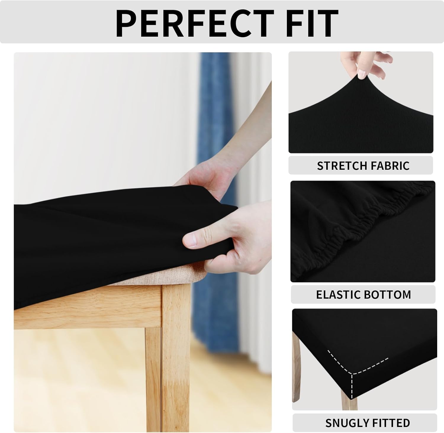 Easy-Going 100% Waterproof Seat Covers for Dining Room Chairs Set of 4, Stretch Chair Seat Slipcovers Protector Removable and Washable Kitchen Dining Chair Covers, Black