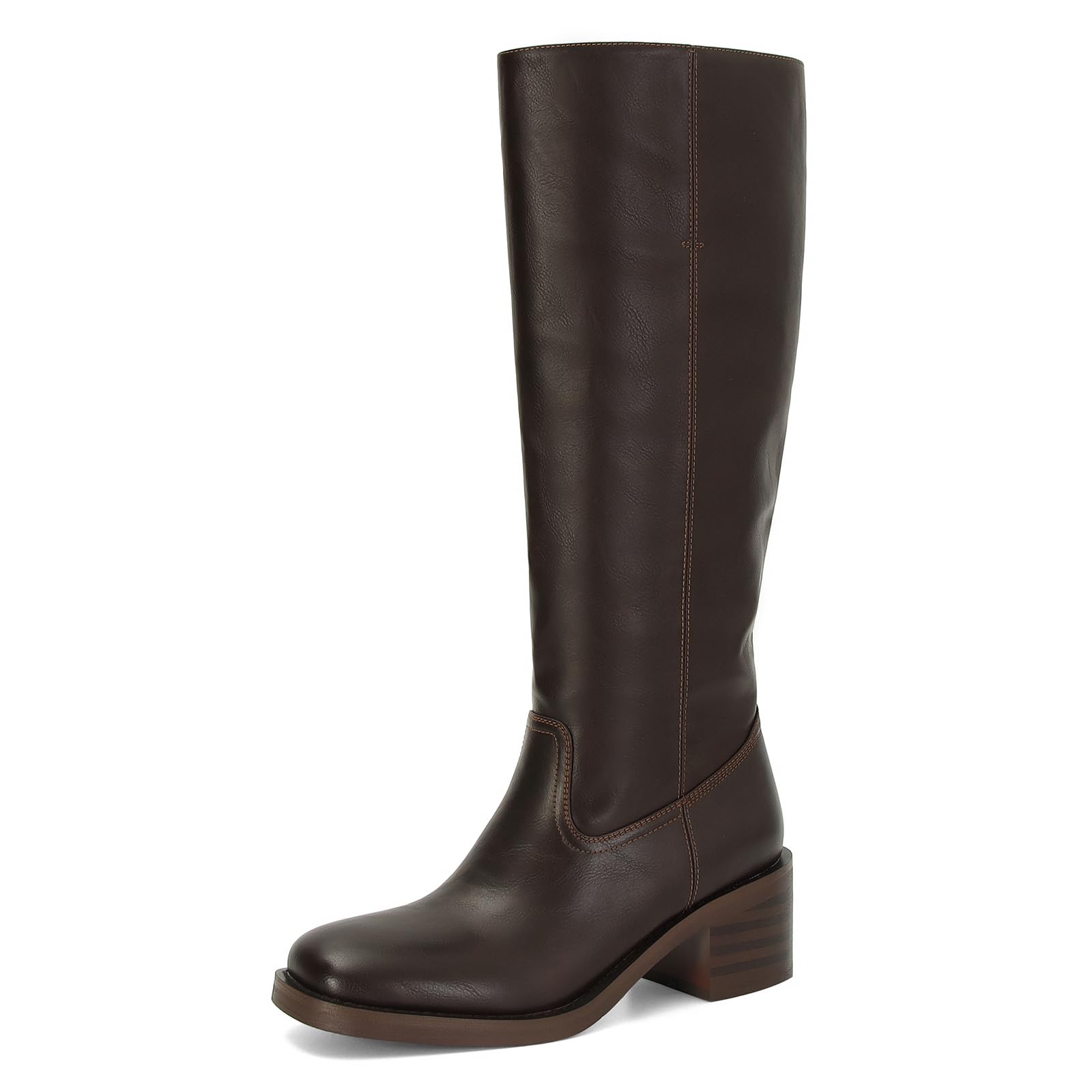 DOEYG Womens Banana Knee High Boots Square Toe Chunky Block Heel Tall Boots Wide Calf Fashion Comfortable Casual