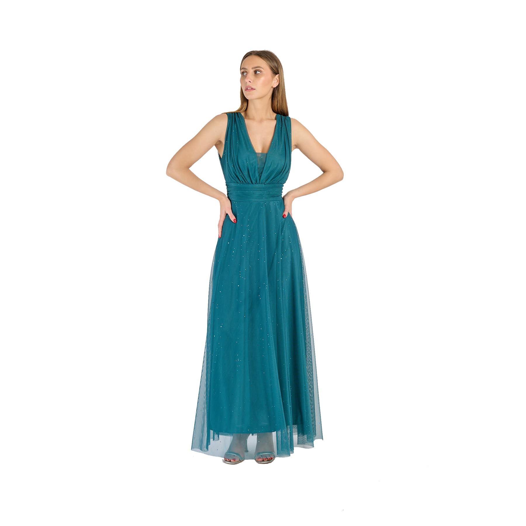 Abito Lungo Elegante Donna con Stola Coordinata, Scollo a V, – Vestito da Cerimonia Made in Italy