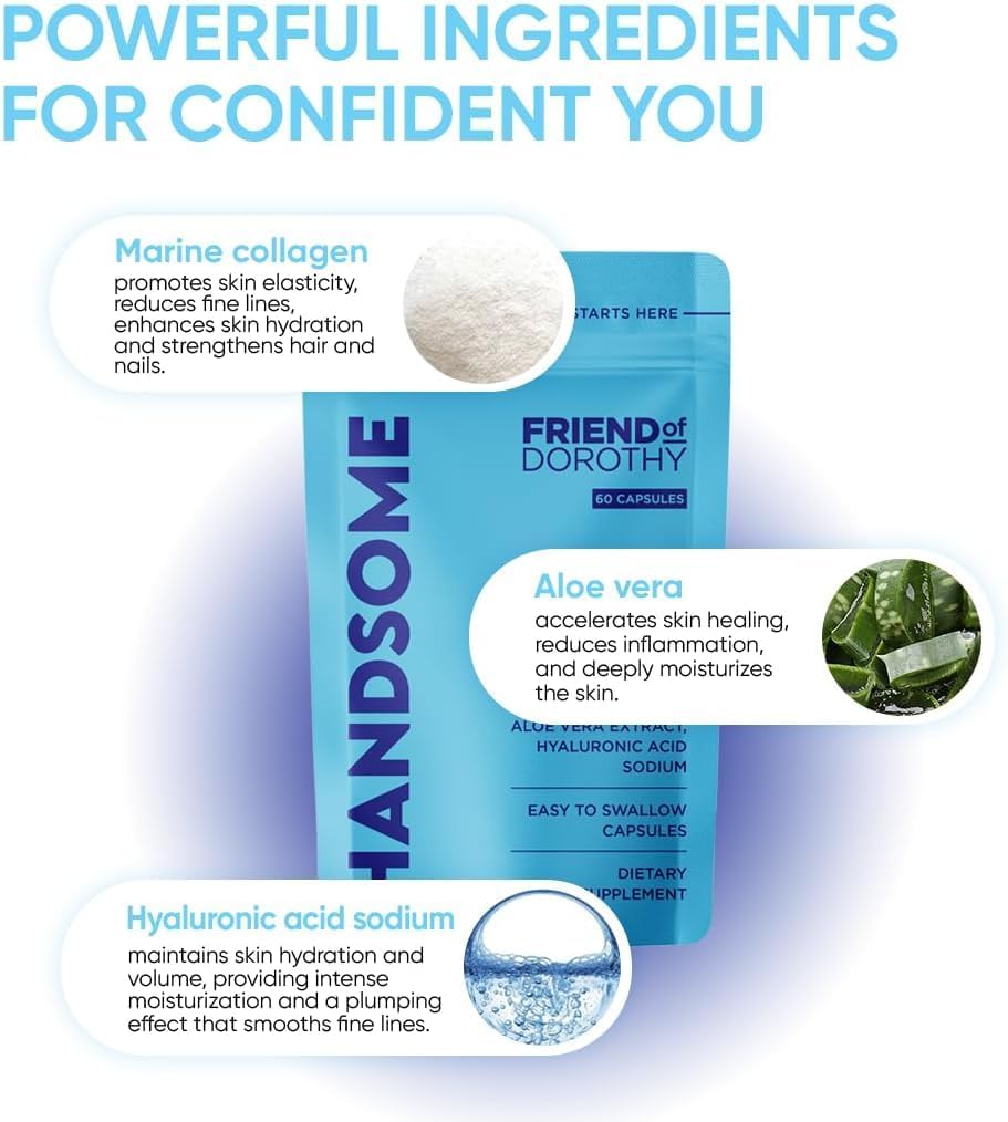 Handsome, Marine Collagen Tablets Enhanced with Aloe Vera, Hydrolyzed Collagen Supplements for Men, 60 Capsules per Pouch
