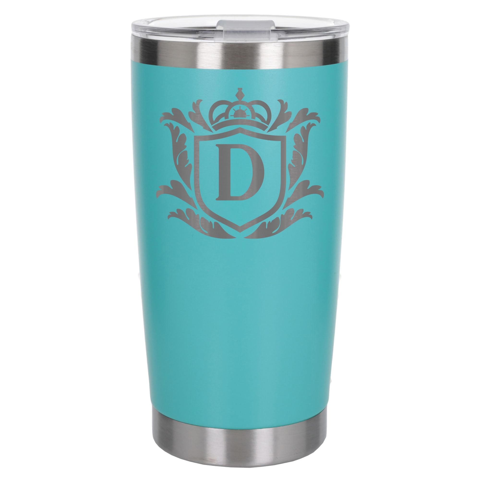 Customised Gifts 500ml Engraved Shield Initial Monogram Insulated Personalised Turquoise Travel Mug for Men and Women - Personalised Initial Coffee Travel Mug for Hot and Cold Beverages, Letter D