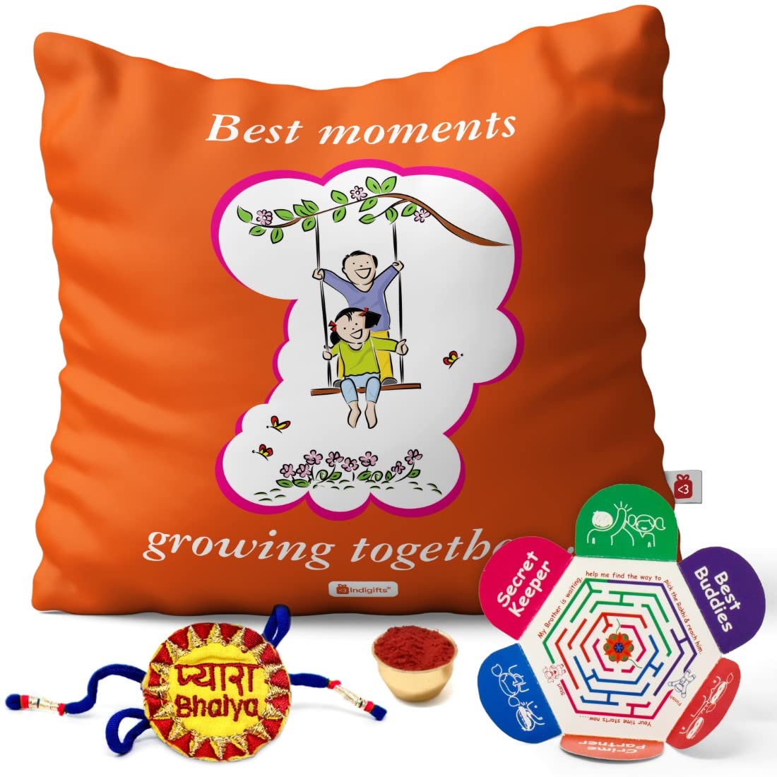 Indigifts Raksha bandhan Rakhi Gift Hamper Pyara Bhaiya Embroidery Rakhi for Brother & Happy Raksha bandhan Greeting Card Little Bro Sis on Swing Childhood Days Printed Hand Drawn Illustration Special Orange Cushion Cover, Pyara Bhaiya Embroidery Rakhi, Roli, Greeting Card 18x18 - Gifts For Brother Sister
