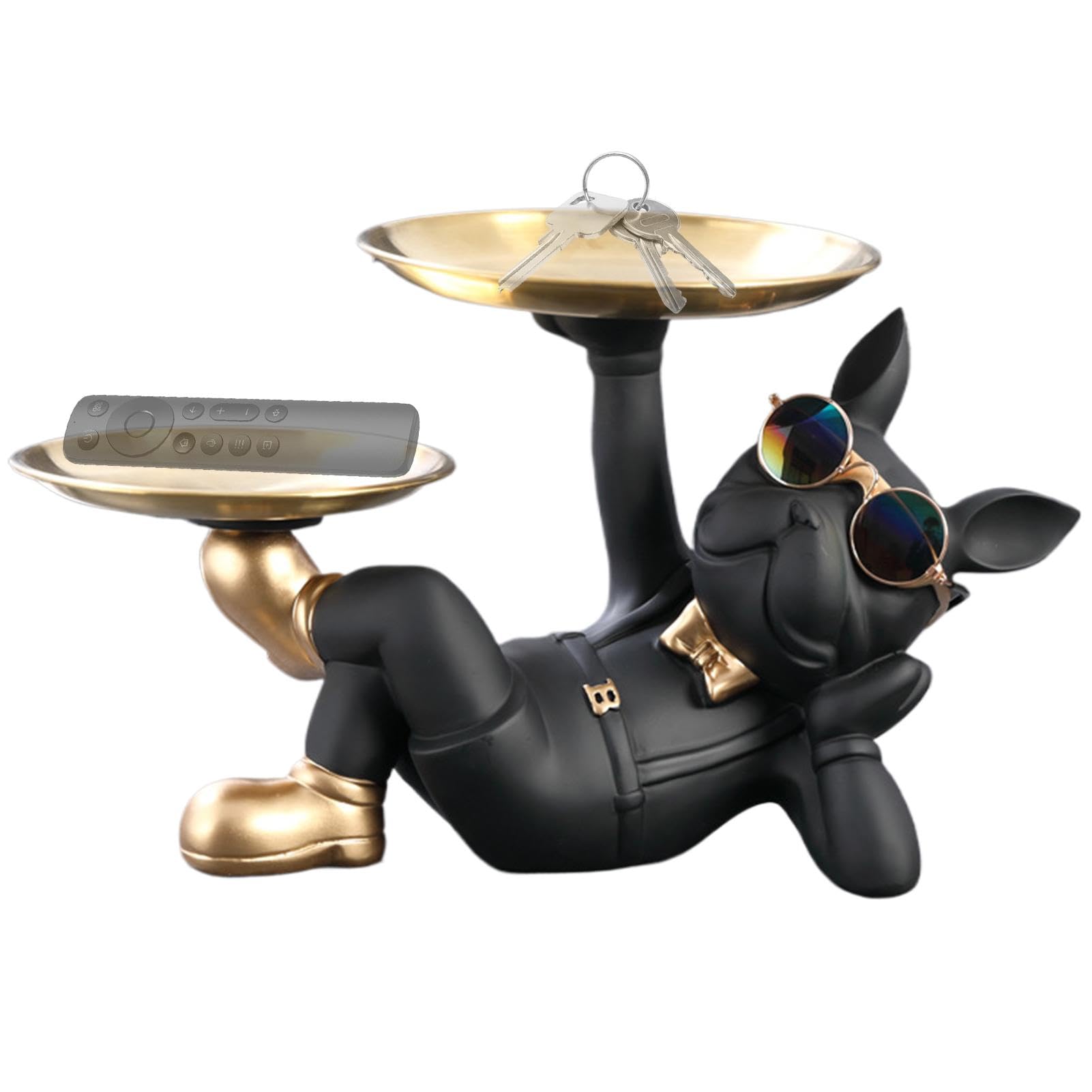 Bulldoggenstatue, Hundeskulptur, Schlüsselanhänger, Bulldoggenstatuen mit Tablett, Figuren aus Harz, Zubehör für französische Bulldogge für Halloween, Thanksgiving, Weihnachten
