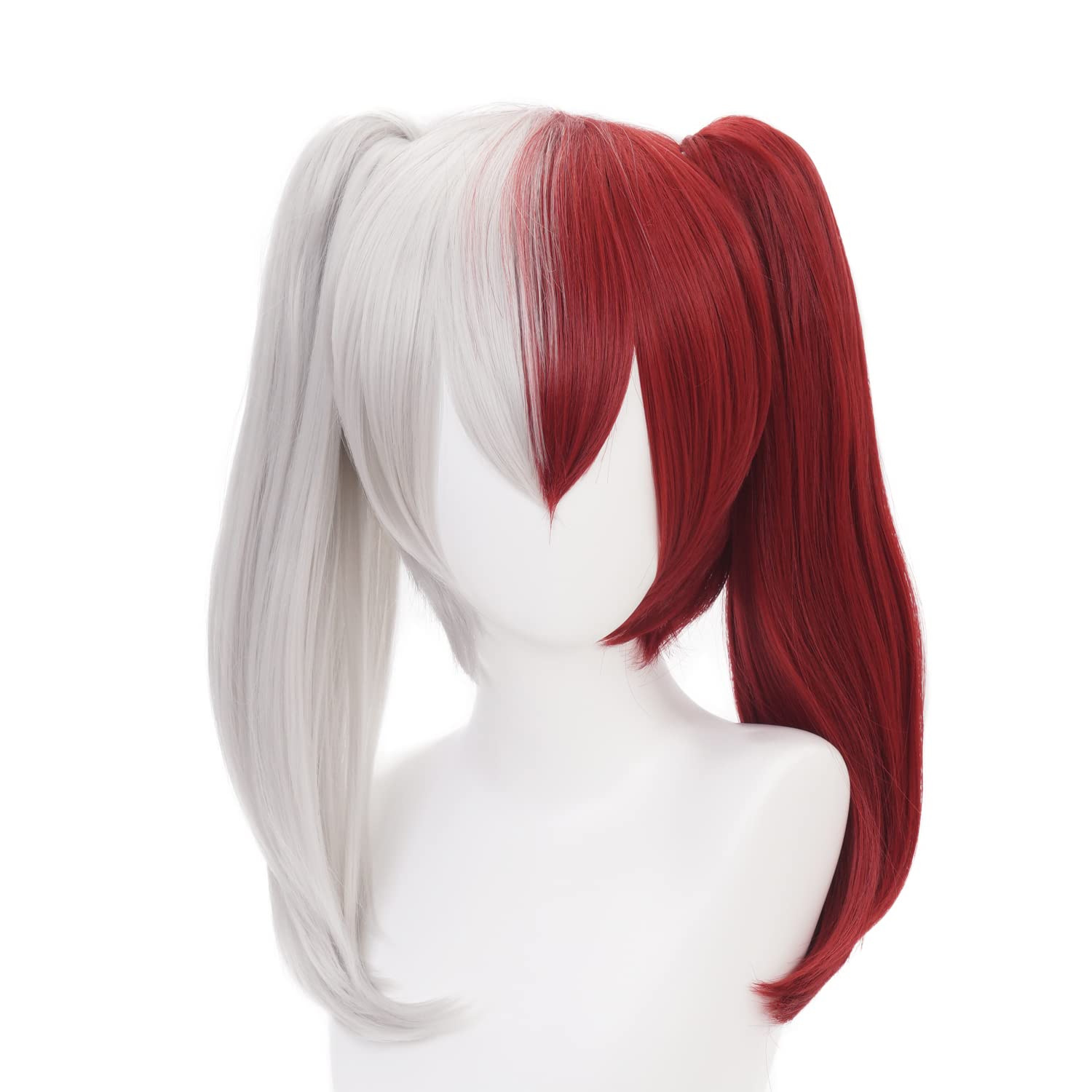 Half Red White Double Ponytail Long Cosplay Wig Heat Resistant Synthetic Costume Hairs for Women Men Halloween Cos Anime Party Replacement Wigs