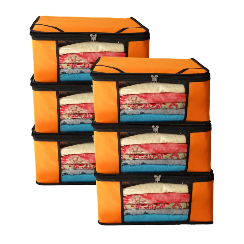 GenericTHE CLOTHING BAZAAR Non Woven Storage Bag/Organiser/Saree Cover with Transparent Window & Zipper (Pack of 6, Orange)