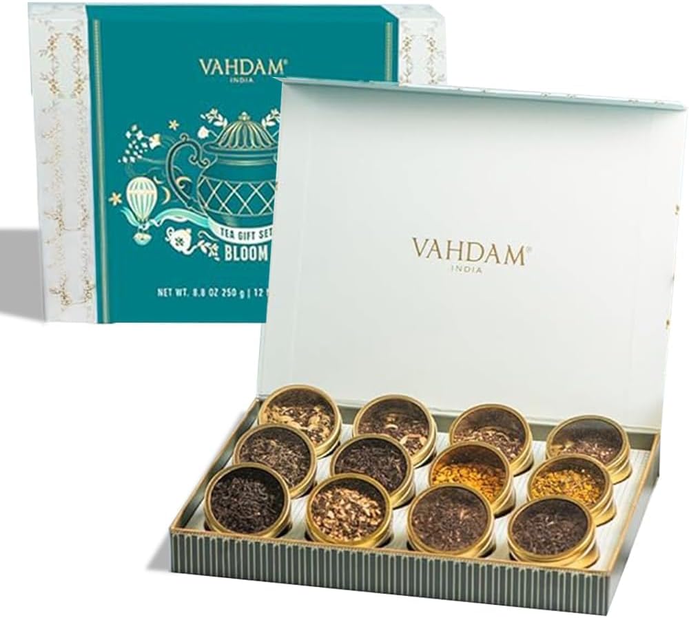 VAHDAM, Bloom - Assorted Tea Gift Set (12 Loose Leaf Tea) Tin Caddy Presentation Box | Gluten Free, Non GMO | Tea Gift Set for Women & Men