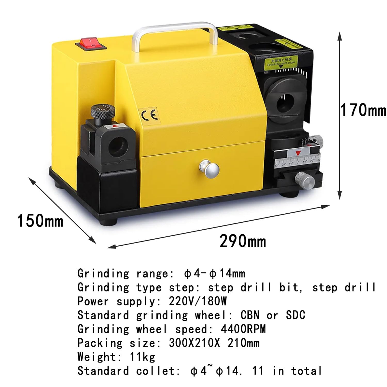 Affilatrice per punte da trapano, macchina elettrica portatile per punte da 4-14 mm, ad alta precisione con 11 pinze, angolo regolabile da 95° a 135°, strumento professionale per affilare