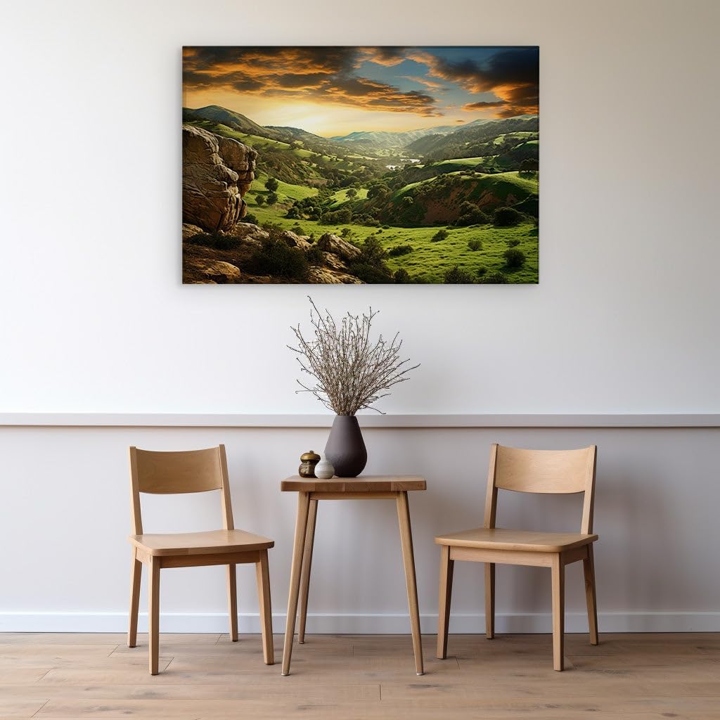 Canvas for Living room. Sunset Symphony Over a Lush Green Valley, 27 x 18 inch Canvas Wall Art - Contemporary Masterpieces - Modern Home Decor