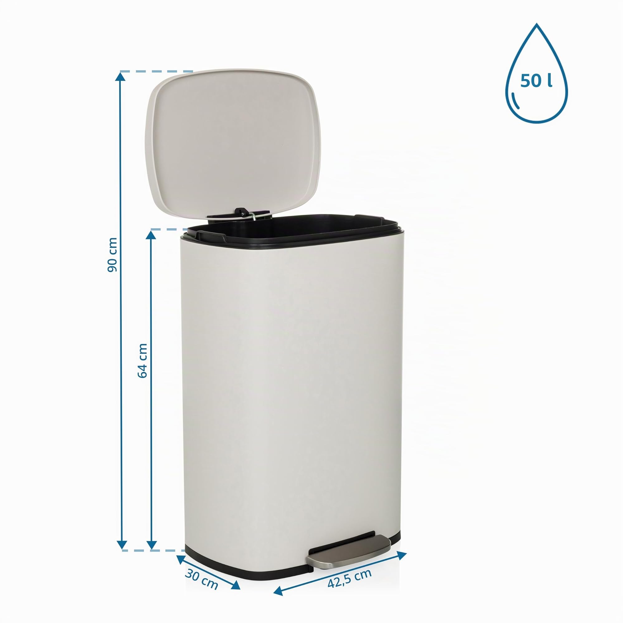 hjh OFFICE Cubo de basura 50L, cubo de pedal con tapa, cierre suave CLEAN XV cubo de basura de acero con cubo interior, para cocina, oficina, beige, 64x30x42,5 cm