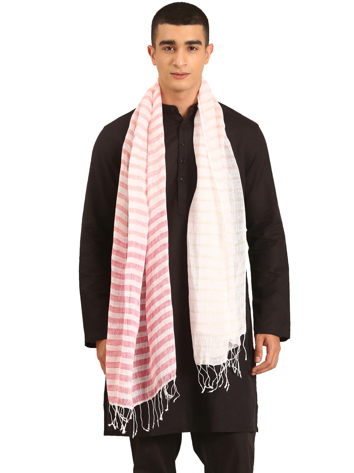 linen club Unisex Linen Stole Striped White (Size:Free Size)-picture-15