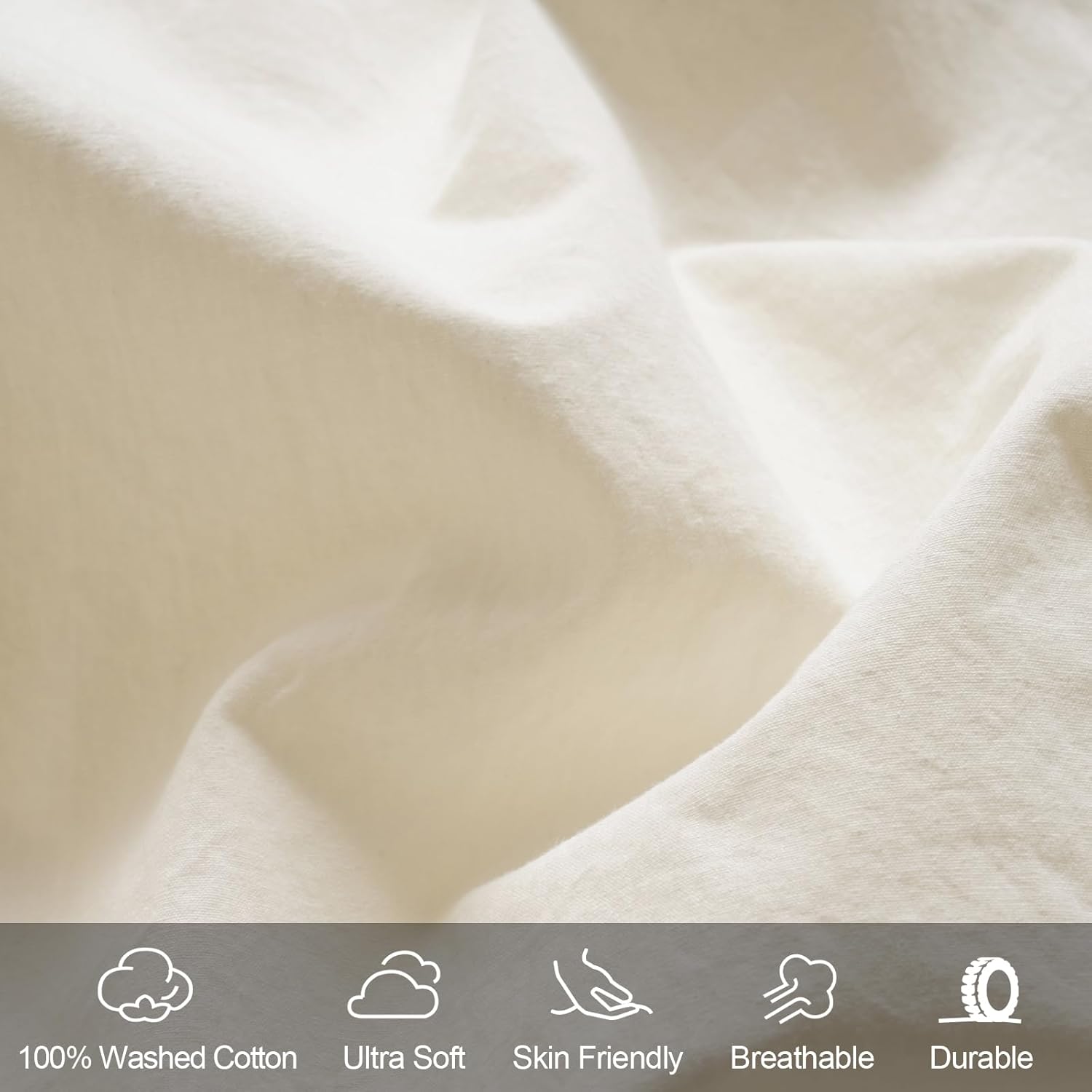 PHF 100% Garment Washed Cotton Fitted Sheet Twin Size - Cozy Cloud Soft Linen Like Bottom Sheet Only with Elastic Deep Pockets, Easy Fit Breathable Warm not Shrink,39"x 75",Cream,No Pillowcase