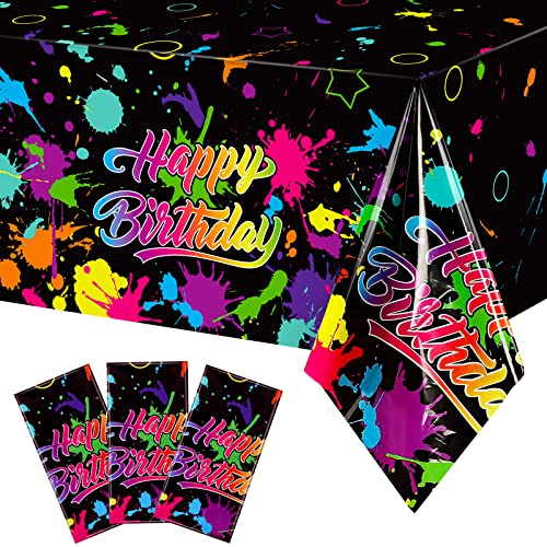 Neon Glow in The Dark Birthday Party Tablecloth Paint Splatter Graffiti Happy Birthday Table Covers Plastic Black Light Table Cloths for Let's Glow Birthday Party Decorations Supplies, 54 x 108 Inch