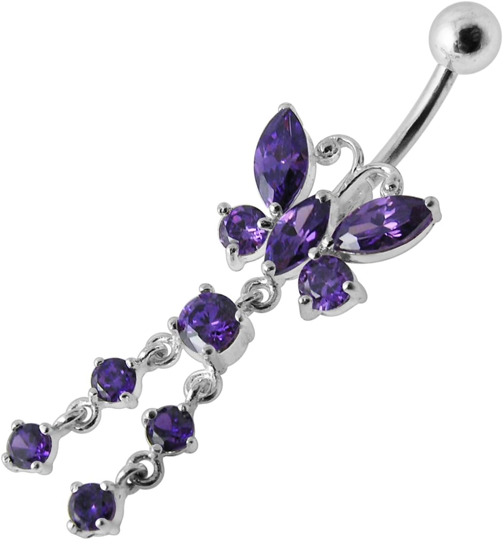 Stylish Butterfly with Twin Tail Dangling Design 925 Sterling Silver with Stainless Steel Belly Ring - Belly Button jewelry - Navel jewelry