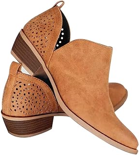 Ankle Boots for women Casual Cut Out Slip On Low Heel Short Chunky Stacked Heel Perforated Side V Cut Western Booties Cutout Shoes