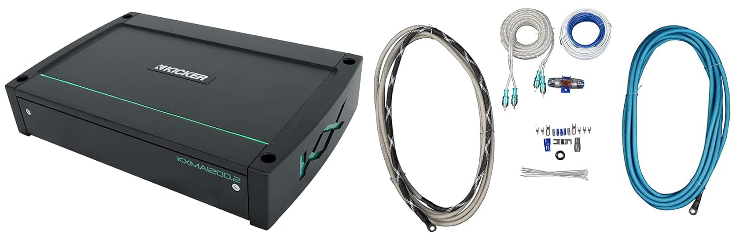 KICKER 48KXMA12002 1200 Watt 2-Channel Marine Boat Amplifier Bundle with Rockville RMWK4 4 AWG Gauge Waterproof Marine Amplifier Install Wire Kit