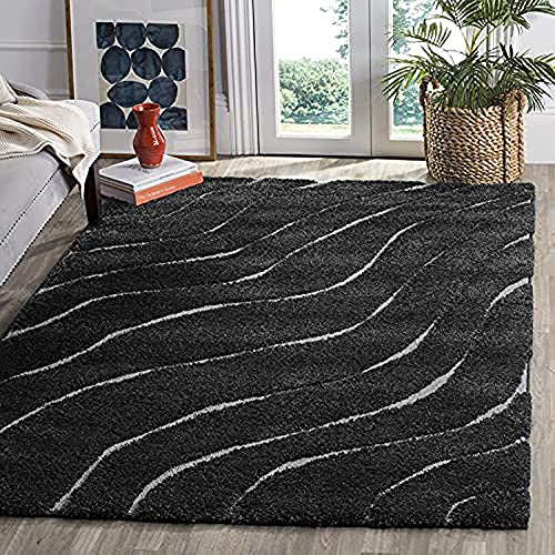 Image of Textured Wave Shaggy Rectangular Carpet For Living Room,Bedroom,High Low Design Finish Microfiber 1.8 Inch Pile High,5X8 Feet Black Ivory Color