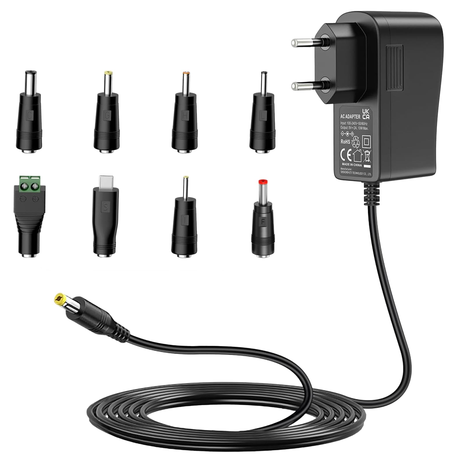Alimentation 5V 2A,Chargeur 5V 2A AC DC avec 8 Prises CC pour lectronique  5 V comme Tablette,Tlphone,Hub USB,Camra de Vidosurveillance,2000 mA ...