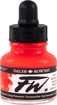 Daler-Rowney FW Artists Ink Fluorescent Red, 1 oz Bottle, Pigment Acrylic Drawing Ink, Waterproof Lightfast Formula for Calligraphy, Illustration, Airbrush