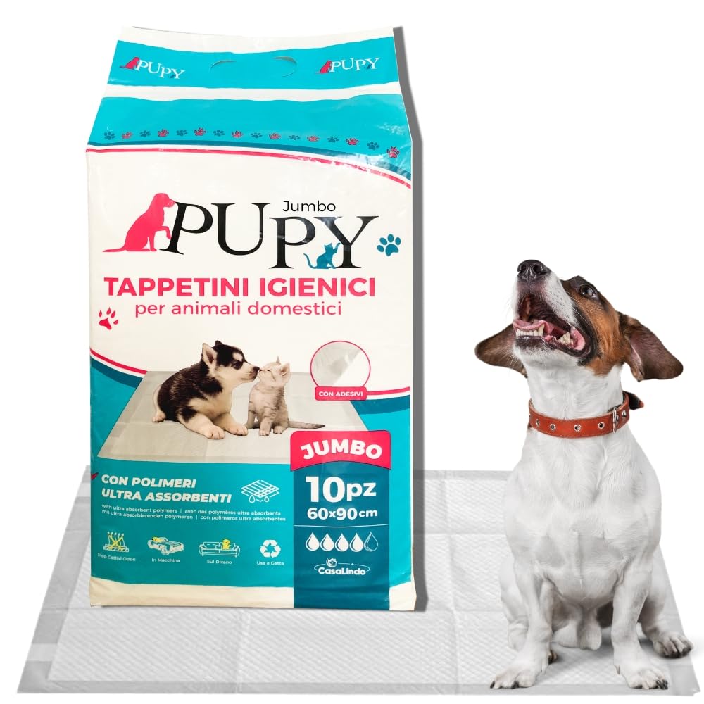 PUPY Jumbo - 200 tappetini igienici per cani con Polimeri Ultra-Assorbenti. Traversine Cani 60x90 Monouso e Anti-Odore, Traverse Cani con 4 Lati Super-Adesivi (60x90, 200)