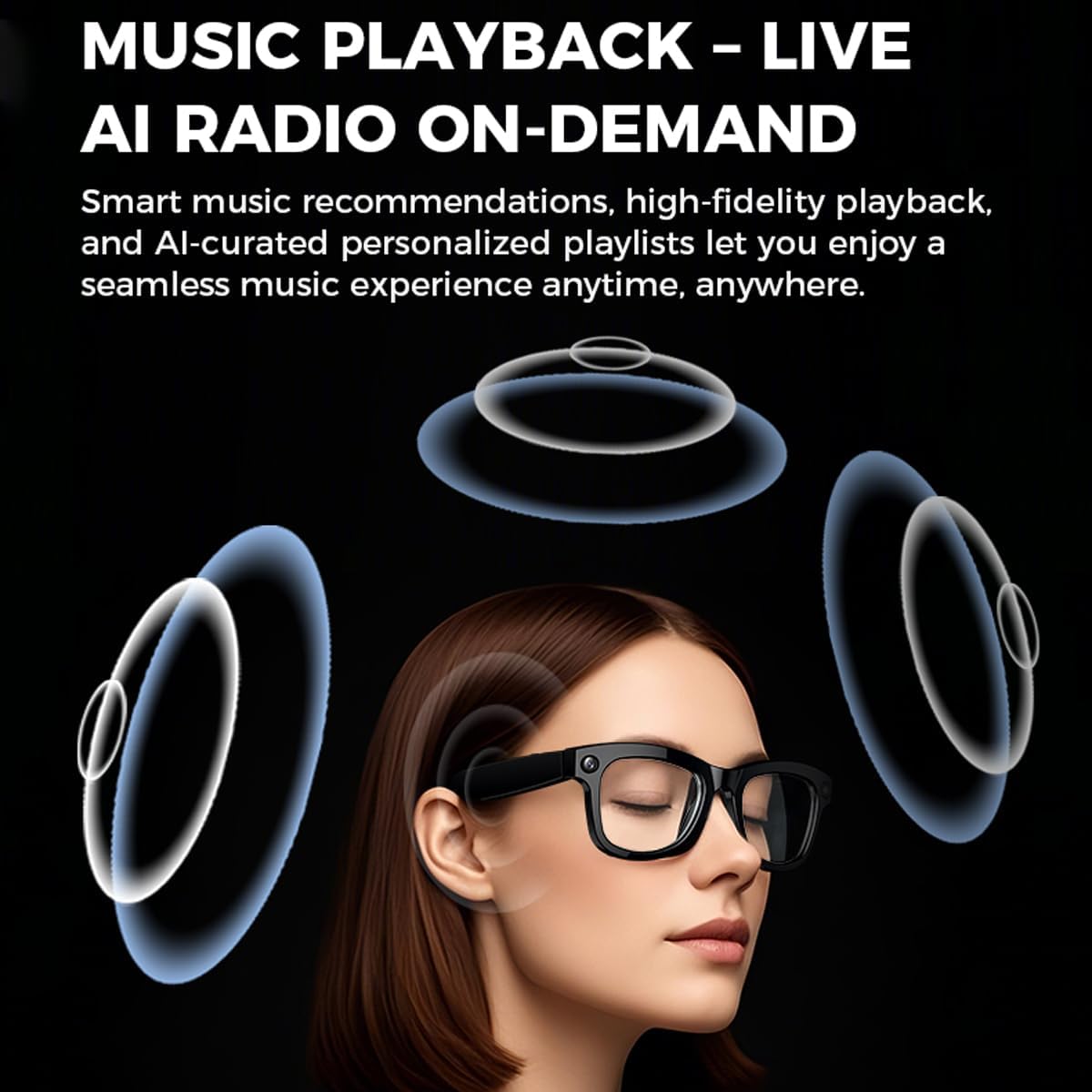 Person wearing smart glasses with sound waves emanating from the temples, indicating open-ear audio playback.
