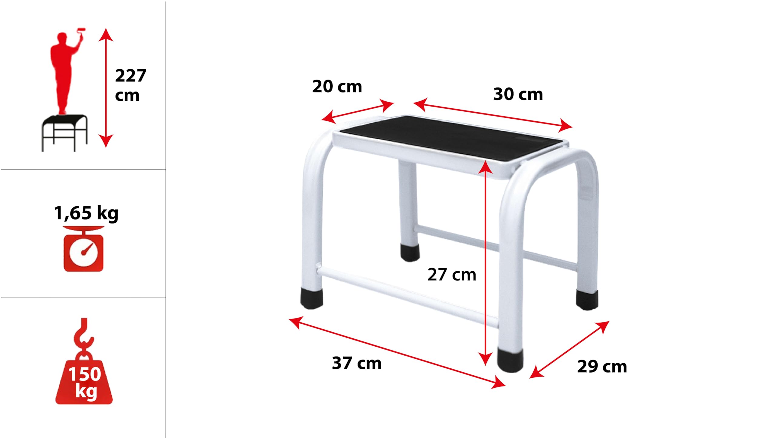 Taburete – Plataforma de 1 peldaño – para el hogar, la Cocina, el Taller, el Armario, la Oficina – Carga máxima 150 kg – Plataforma y Patas Antideslizantes – Estable y Ligero – Blanco